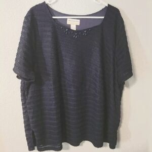 ALFRED DUNNER  Women Short Sleeve Top Lined Navy Beads Top Shirt Sz 3X